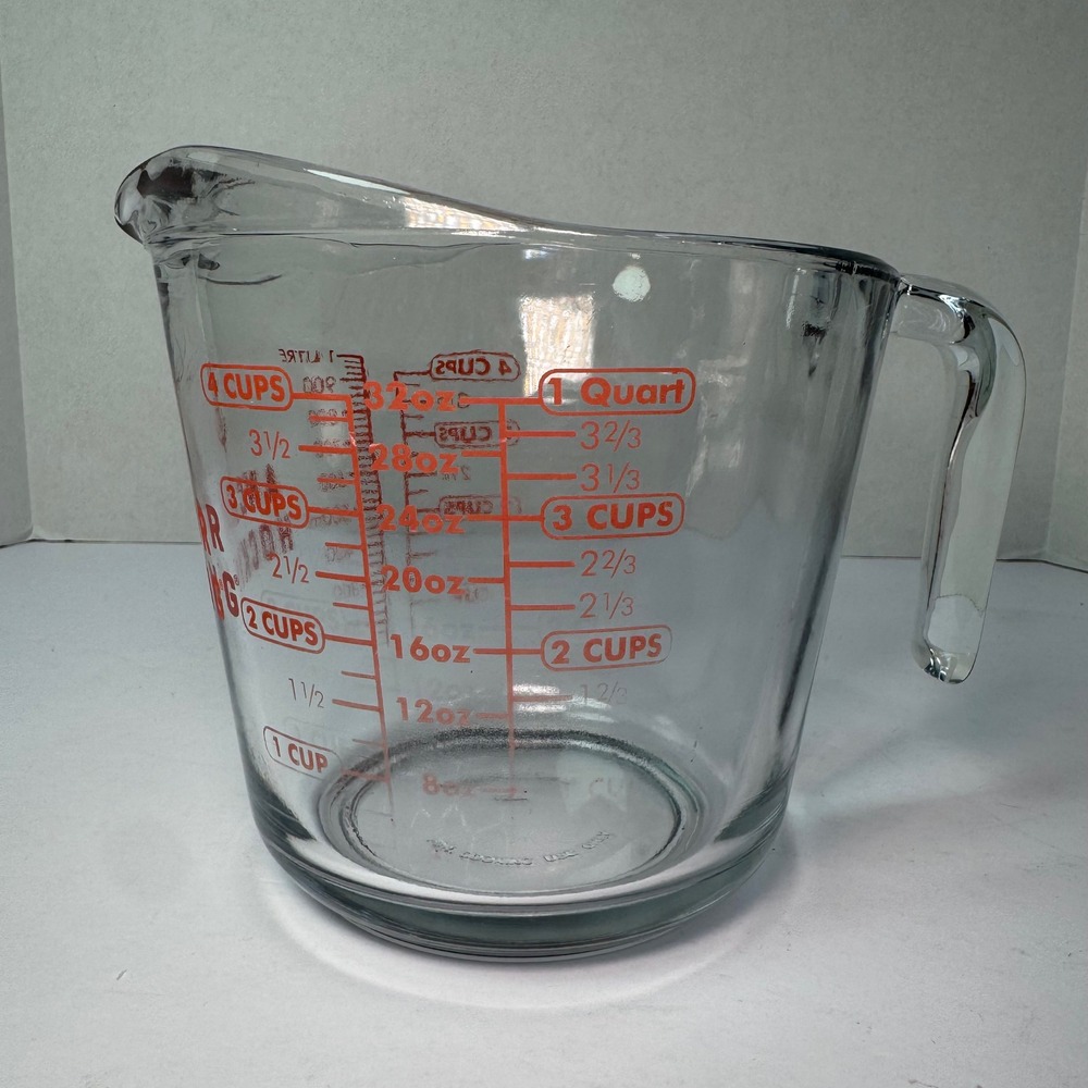 Vintage Anchor Hocking Glass Measuring Cup 4 Cups / 1 Quart / 32 oz Red Markings